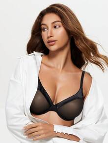 WINGSLOVE Sheer Mesh V-Neck Push-Up Bra - Adjustable & Convertible Cross Back Straps Lightweight Invisible Comfort Daily Wear Black Underwire Bra - Black - View 6