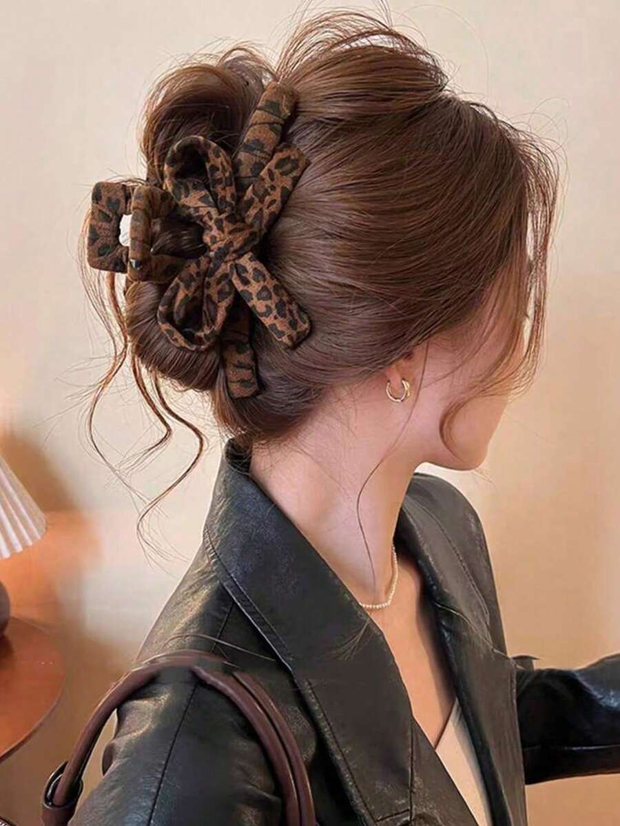 1个豹纹蝴蝶结发夹，优雅大号发爪，新款秋冬发饰，优雅发夹，休闲发饰，女士发饰，夏季海滩度假必备 - 彩色 - 查看 1