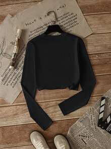 Women's Fitted Short Long Sleeve T-Shirt, Minimalist American Letter Print, Layered With Black Top, Autumn - Black - View 9