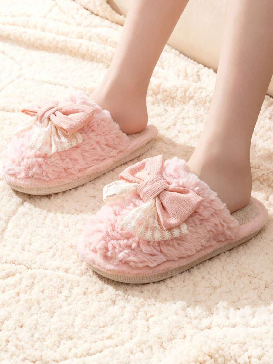1 Pair Cute Bow Decor Slippers For Teenage Girls, Warm Indoor Slippers For Couples, Suitable For Winter