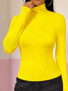 Women's Solid Color Turtleneck Slim Fit Long Sleeve T-Shirt, Suitable For Spring/Autumn/Winter Casual - Yellow - View 4