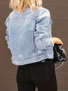 Classic Thermal Lined Denim Jacket – Razor Cut-Outs & Vintage Wash | Edgy Button-Up Style For Winte - Baby Blue - View 8