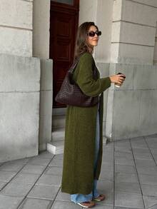 Women's New Minimalist Versatile Commute Daily Knit Cardigan, Long Length - Army Green - View 5