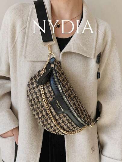 千禧风格仿旧链条装饰 Y2K 千鸟格豹纹复古腰包