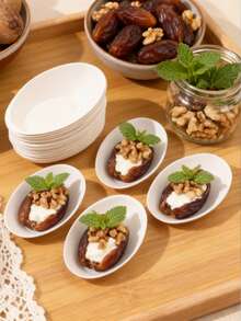 50pcs Disposable Oval Dipping Sauce Dishes, 3-Inch Eggshell Shaped Bagasse Made Dessert Plates, White Color, Suitable For Party Decoration, Dining, Holidays, Graduation, Multi-Purpose As Dipping Sauce, Sushi, Pastry Containers - White - View 9