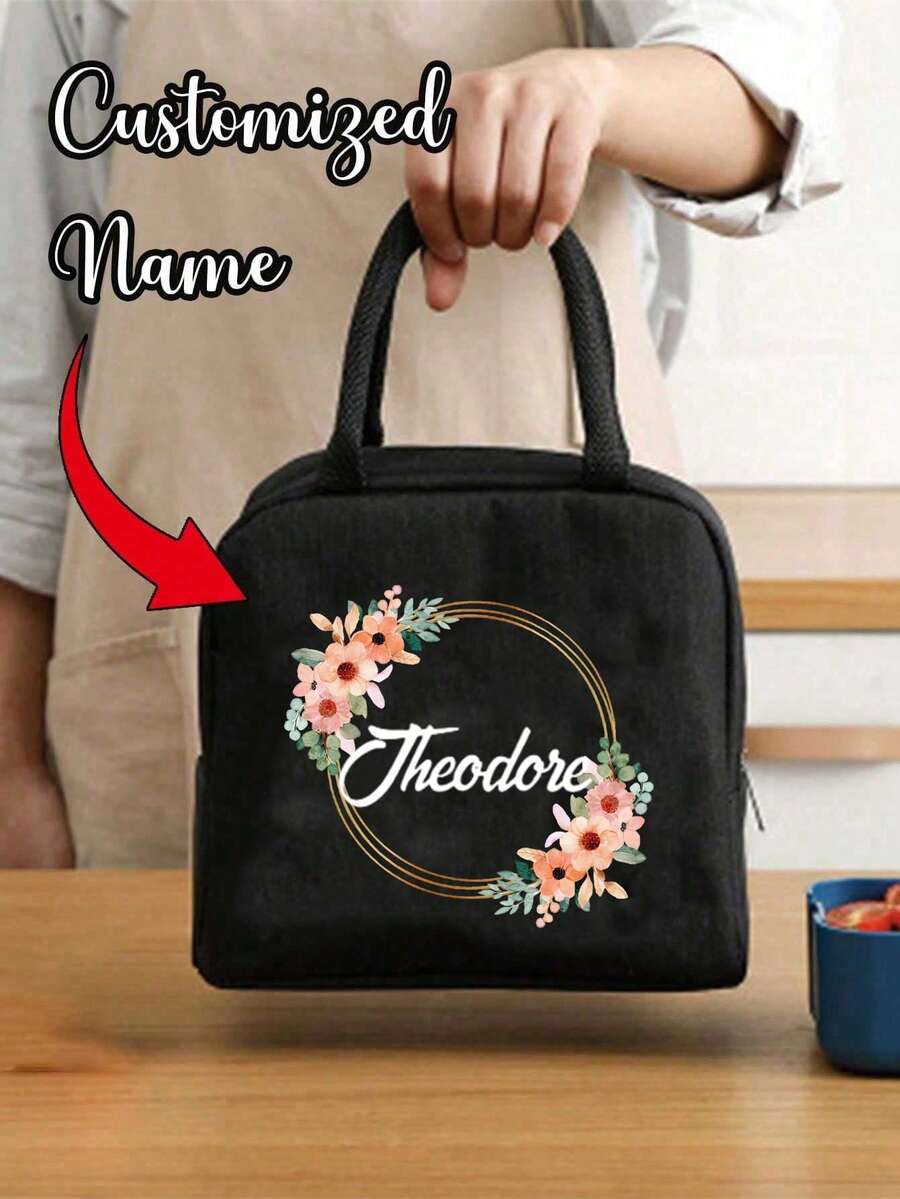 个性化保温午餐包，花环图案，可定制姓名，保温午餐手提包，男女通用，保温手提午餐盒，学生保温午餐包，保温，手提，收纳，野餐包，冷藏，轻便，大容量，时尚，生日礼物，教师礼物，圣诞礼物，旅行必备，通勤上班，日常使用，返校礼物，适合学校和工作场所 - 彩色 - 查看 1