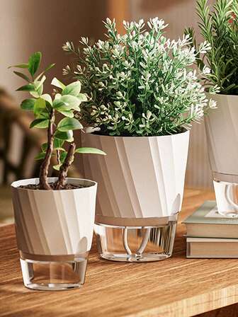 3pcs Self-Watering Planter Pots - Contemporary Geometric Resin Flower Pots, Indoor Lazy Planters With Transparent Self-Absorption Design For Orchids, Greens, And Hydroponics, Easy Care Desk Pot