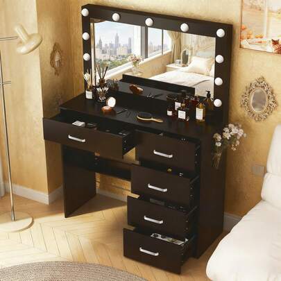 Tocador con 11 luces LED y espejo grande para dormitorio - Perfecto para organizar maquillaje, cuidado de la piel, tocador elegante | Tocador decorativo, mueble de tocador, compacto para espacios pequeños, regalo de decoración de dormitorio, regalo perfecto para mujeres y niñas , Ideal para regalos de Navidad y Halloween.