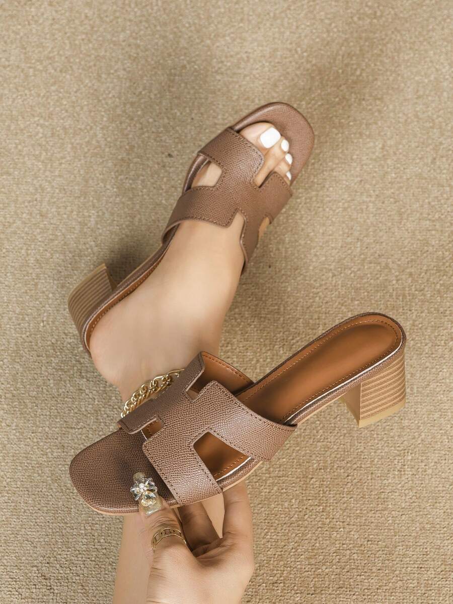 Women's Wide-Fit Casual Everyday Versatile Wide Brim Thick Heel Slide Sandals - Brown - View 1