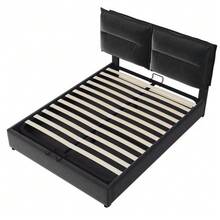 Hydraulic Double Bed With Upholstery, 140x200cm, Adjustable Headboard, Metal Slatted Base, Velvet, Modern Bed Frame With Storage Space, Large Storage Area, Grey (Mattress Not Included) - Black - View 7