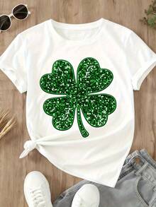 St Patrick's Day Sparkle Shamrock T Shirt Women Lucky Clover Print White Tee St Patrick's Day Outfit Festive Casual Top - 白色 - 查看 3