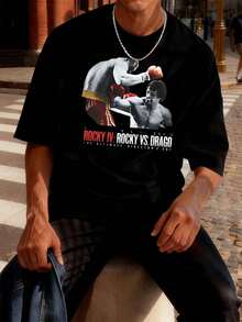 Rocky Drago Boxing graphic tee made of high quality fabric, loose fit, breathable, street hip-hop, statement print - Preto - Ver 1