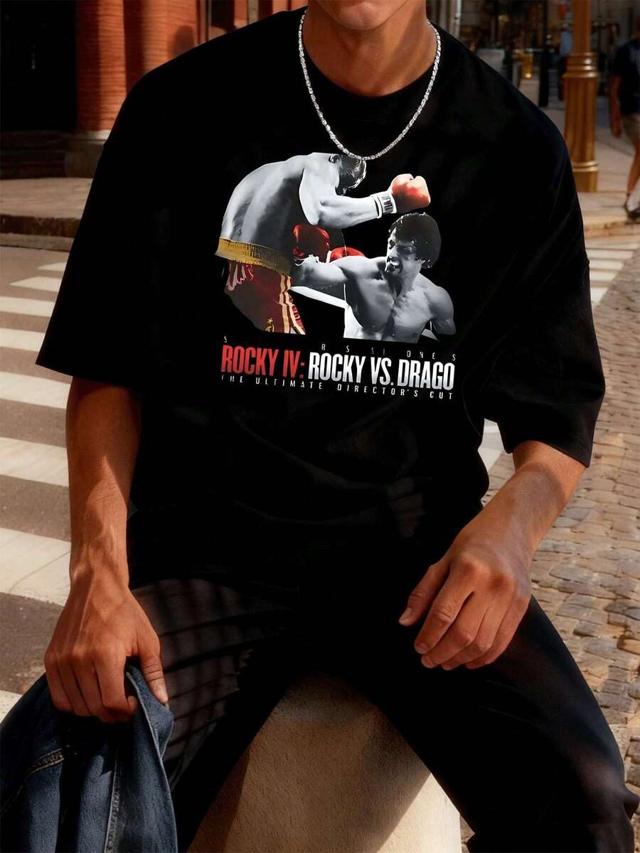 Rocky Drago Boxing graphic tee made of high quality fabric, loose fit, breathable, street hip-hop, statement print - Preto - Ver 1