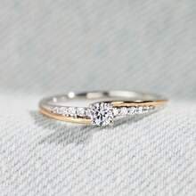 1pc Two-Tone Solitaire Ring For Women, Single Round Zirconia With Pavé Band, Timeless Engagement Jewelry - Hai tông màu - Xem 1