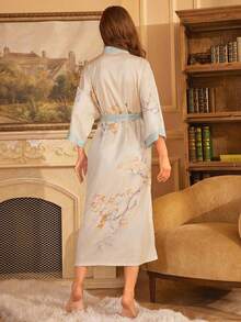 Chinese Style Retro New Chinese Elegant Fashion Loose Mid-Length Kimono Cover Up, Summer Tie-Waist Sleepwear Robe Beach Vacation Swimsuit Cover-Up Sunscreen Jacket