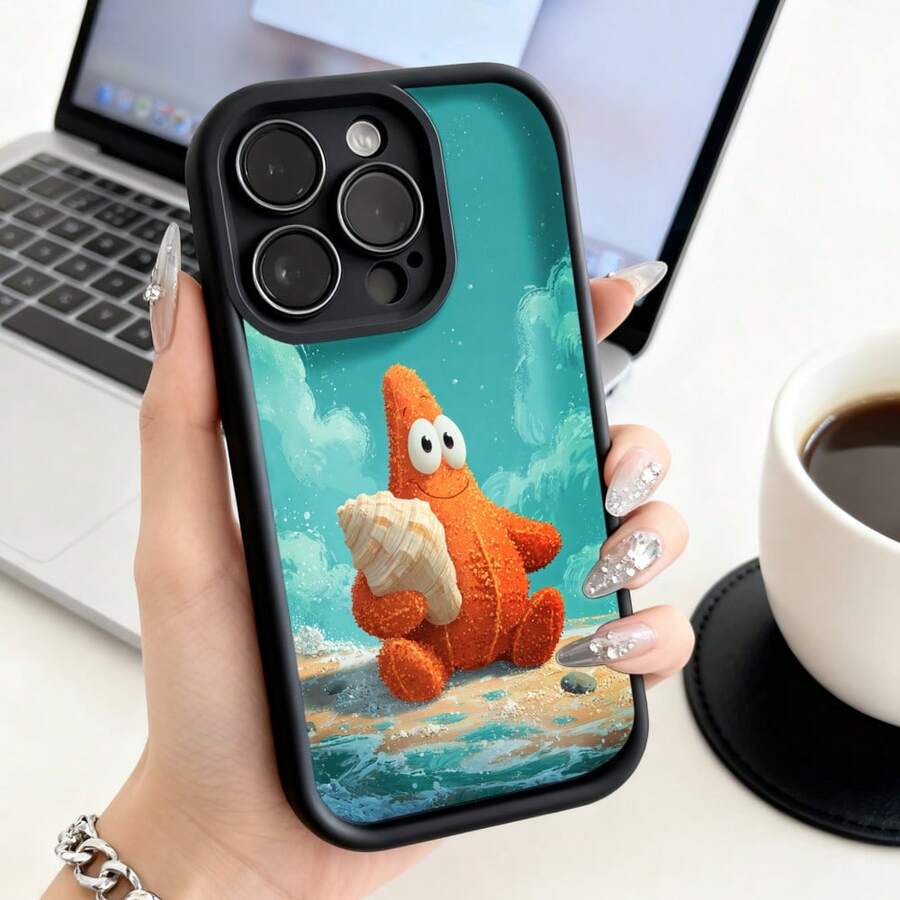 Cubierta de teléfono con borde negro diseño de estrella de mar naranja con concha fondo acuático azul claro para uso diario y trabajo - Café integral - Ver 1