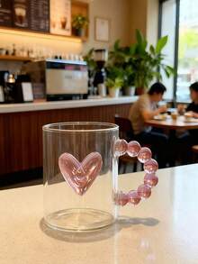 1pc INS Style Bow & Heart Print Glass Cup, Asymmetric Handle Water Mug, Home Afternoon Tea Coffee Cup, Juice Cold Drink Cup, Breakfast Milk Cup, Yogurt Oatmeal Cup, Holiday Gift Cup, Great Gift For Friends And Family, Valentine's Day Gift, Back To School Gift - Multicolor - View 8