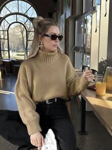 FOR BEAUTY Women's Autumn/Winter New High Neck Apricot Simple Commuting Style Sweater, Fashionable Slim Fit, Elegant Fashion, Ribbed Long Sleeve Daily Leisure And Versatile Commuting Lazy Style Warm Knitted Sweater Top New Year - mơ Trung Quốc - Xem 3