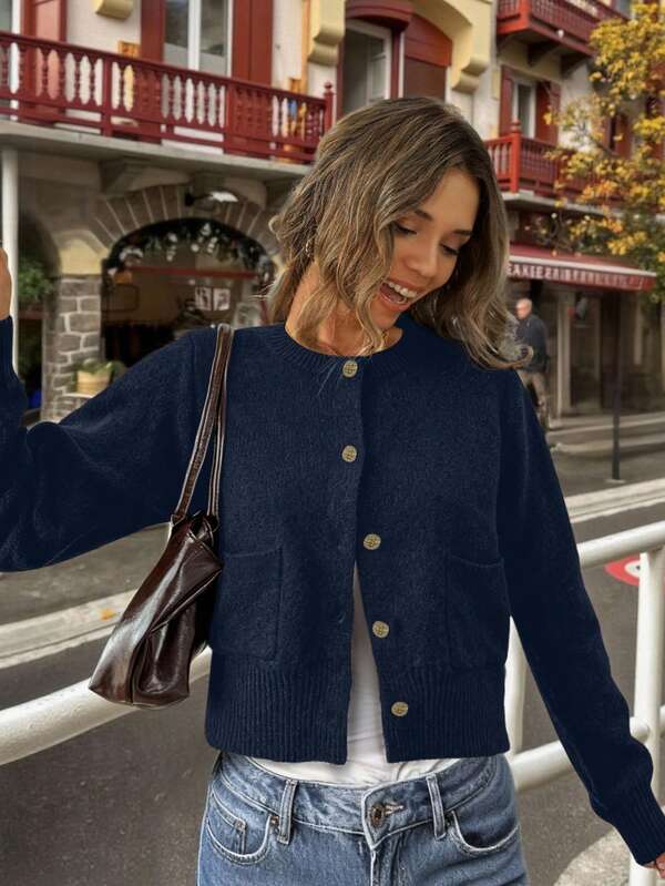 Nuevo suéter de punto de cuello redondo de una hilera con zafiro para mujer, de manga larga, para otoño e invierno, de estilo de moda, simple, versátil, casual y perezoso, adecuado para el uso diario, abrigo de suéter de mujer elegante de otoño