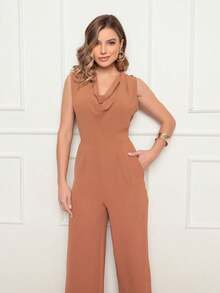 Women's Long Jumpsuit In Duna Fabric - Sophisticated Neckline, Sleeveless, And Side Pockets - Elegance And Comfort For Any Occasion - Rỉ Nâu - Xem 2