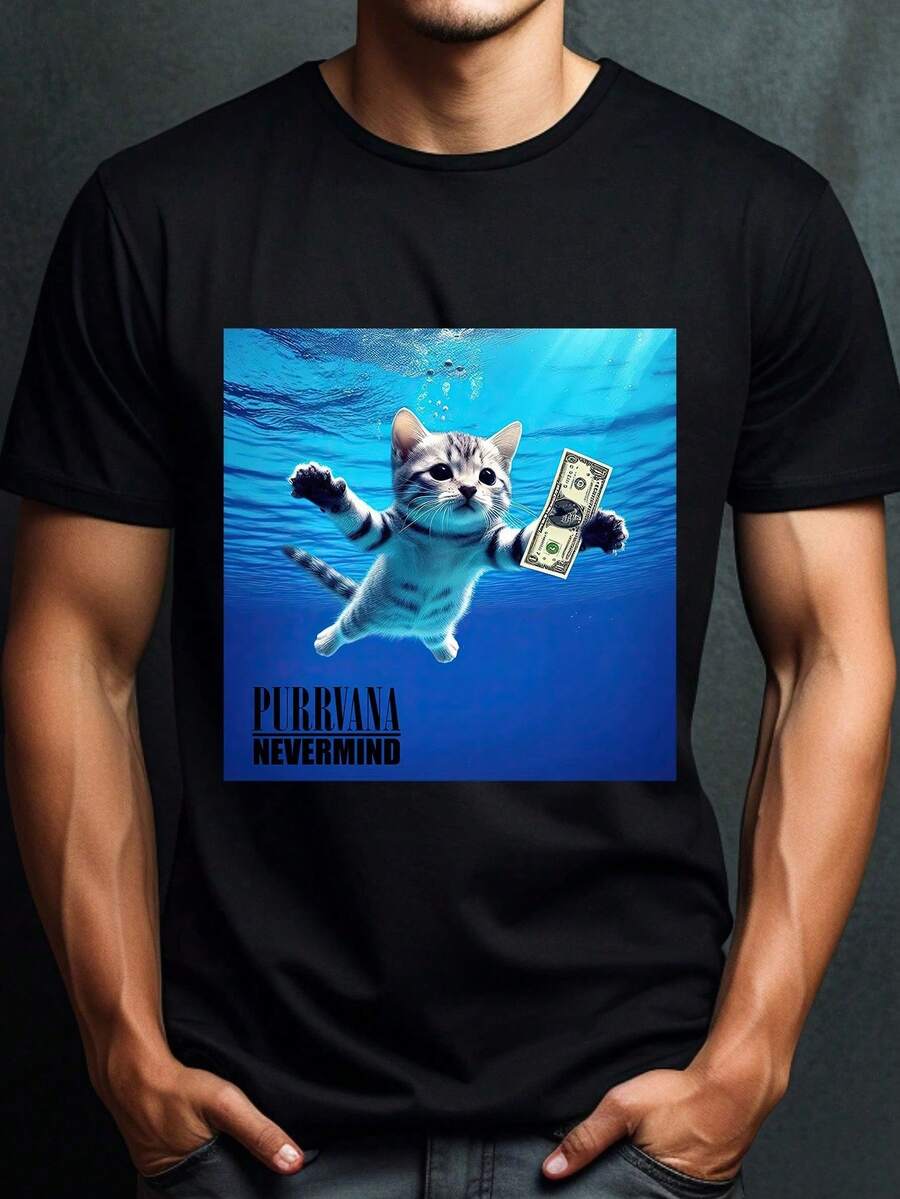 Camiseta de Hombre 100% Algodón - Patrón de Gato Purrvana Divertido, Camiseta de Manga Corta Ligera y Cómoda para Uso Casual de Verano, Negra con Diseño de Agua Azul y Billete de Dólar, Camiseta Casual de Verano| Camisa Casual| Diseño gráfico detallado - Negro - Ver 1