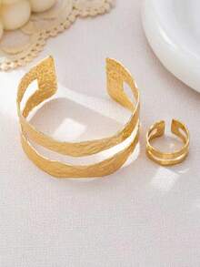 1 Set Exaggerated Luxurious Textured Asymmetric Heavy Metal Leaf Bracelet And Ring Jewelry Set, Fashionable And Elegant Accessories Suitable For Women's Daily Wear - Yellow Gold - View 5