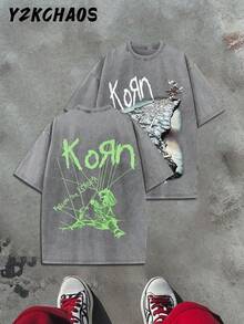 Y2KCHAOS Vintage Band Tee For Men And Women – Dark Gray Cotton T-Shirt With Korn Logo And Grunge Graphic Print, Distressed Rock Music Design, Perfect For Hardcore Fans And Alternative Fashion Lovers – Vintage Style (250 Washed Cotton T-Shirt) Manfinity - Xám - Xem 2