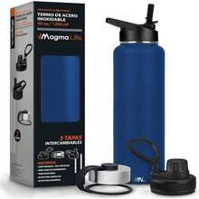 Termo de Acero Inoxidable para Agua y Caf 1200 ml 40 oz Contiene 3 Tapas para Diferentes tipos de Bebidas, para Mantener la Temperatura Deseada Rojo - Azul Navy - Ver 2
