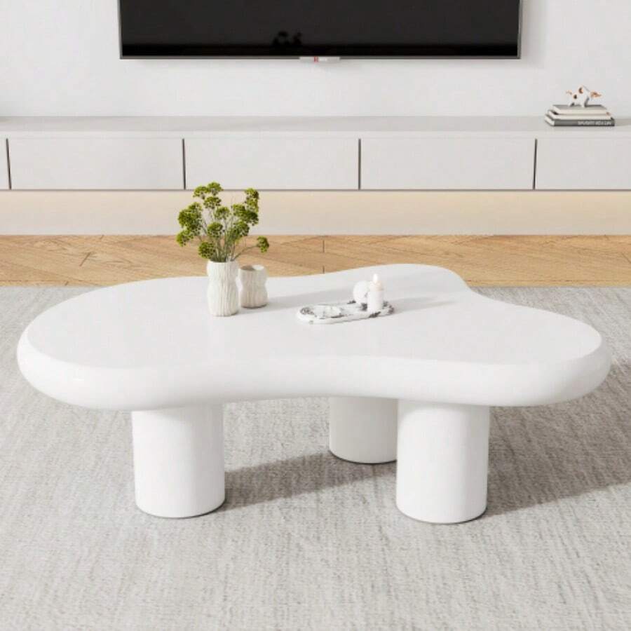 Irregular Cloud-Shaped Coffee Table, 97 Cm Long, 67 Cm Wide, 32 Cm High, MDF With Felt Pads, Lacquered Surface, Creative Coffee Table - White - View 1