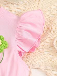 1 szt. Dziewczęca sukienka z nadrukiem w kwiaty i kolorowym kwiatowym siateczkowym brzegiem, patchworkowa, odzież na zewnątrz, wiosna/lato - Różowy - Zobacz 3