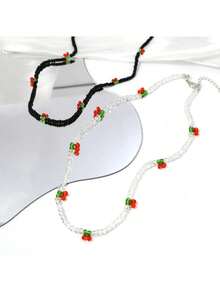 Collar de cuentas de arroz hechas a mano con diseño de cereza, cadena de collar premium dulce y delicada para uso diario y fiestas - Unitalla - Ver 8