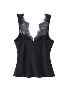 Women's Sexy Lace Satin Fitted Camisole, Fashionable V-Neck Spaghetti Strap Backless Camisole Top, Summer Beach Vacation - Black - View 9