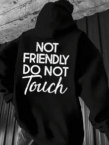 [Cozy Hoodie With Graphic Print] Men's Casual Hoodie With 'NOT FRIENDLY DO NOT TOUCH' Graphic - Cozy Polyester, Kangaroo Pocket, Machine Washable - Perfect For FallWinter, Back Print - 黑色 - 查看 1