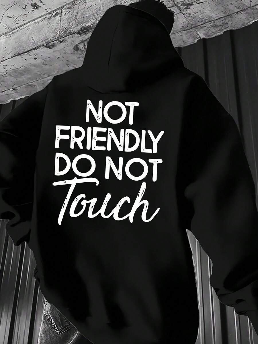 [Cozy Hoodie With Graphic Print] Men's Casual Hoodie With 'NOT FRIENDLY DO NOT TOUCH' Graphic - Cozy Polyester, Kangaroo Pocket, Machine Washable - Perfect For FallWinter, Back Print - 黑色 - 查看 1