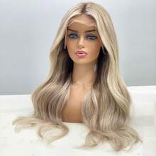 Brown Roots Blonde Ombre Color Hair Lace Front Wigs Pre Plucked Baby Hair Natural Hairline Synthetic Frontal Lace Replacement Wig With Dark Roots 13x4 Free Part 22 Inch 180% Full Density Heat Resistant Fiber For Fashion Women Girls Daily Party Christmas Use Ready To Wear - Blonde Ombre - View 2