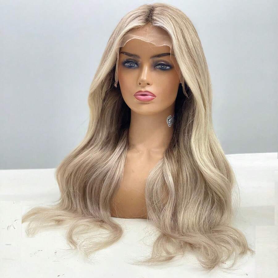 Brown Roots Blonde Ombre Color Hair Lace Front Wigs Pre Plucked Baby Hair Natural Hairline Synthetic Frontal Lace Replacement Wig With Dark Roots 13x4 Free Part 22 Inch 180% Full Density Heat Resistant Fiber For Fashion Women Girls Daily Party Christmas Use Ready To Wear