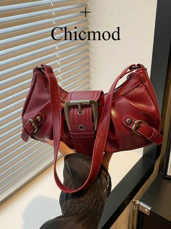 1pc Women's Retro Biker Punk Style Rivet Decor Adjustable Strap Large Capacity Soft Faux Oiled Leather Ombre Color One Shoulder Underarm Bag, Suitable For Work, Commute, Date, Party