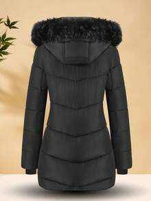 Women's Winter Quilted Jacket Mid-Length Hooded Quilted Jacket With Multiple Pockets And Fleece-Lined Windproof Coat Features Magnetic Snap Pockets, Two-Way Zipper, And Detachable Hood Casual Outdoor Winter Top For Warmth, Suitable For Daily Wear, Outdoor,Travel,Gift - 黑色 - 查看 2