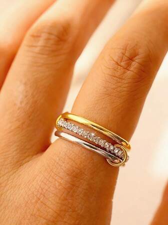 1pc Alloy Material Interlocking Triple Ring Paved Crystal Rings, Dual-Tone Multi-Element Fashion Personalized Rings, Suitable For Daily Wear