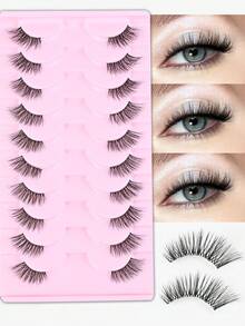 10对半睫毛透明带状睫毛猫眼假睫毛短款柔软3d仿貂毛睫毛柔软自然妆容 - 黑色 - 查看 11