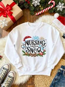 Manfinity Homme Sudadera con estampado navideño "Nursing Through the Snow", para enfermeros, adecuada para fiestas navideñas y reuniones familiares, con diseño festivo y cómodo de llevar - Blanco - Ver 3