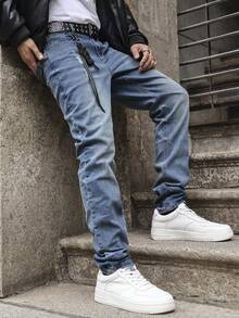 Men's Light Wash Loose Fit Wide Leg Jeans, Long Versatile Streetwear Y2K Style Denim Pants, Suitable Gift For Boyfriend Or Husband - Blue - View 4