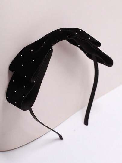 1pc Women's Black Flocked Rhinestone Bow Headband, Sweet Girl Hair Accessory Suitable For Daily Wear And Holidays ,Hair Band Head Accessories Hairband