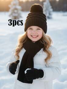 3 delar/set för barn, unisex, stickad mössa + handskar + halsduk, 3 delar, varmt vinterset, koreansk stil - 3-delad pom-pom-version - Visa 10
