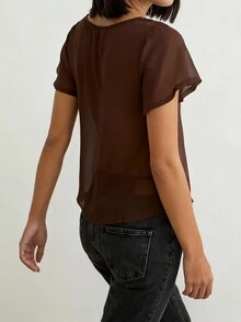 Women's Summer Sheer Tie-Front Short Sleeve Top With Adjustable Front Ties, Ruffle Trim And Lightweight Transparent Fabric, Flowy Silhouette, Breathable Layering Piece For Party, Date Night, Beach-Cover-Up And  European American Streetwear - 棕色 - 查看 3