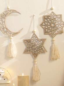 1PC/3PCS Star And Moon Hollow Wooden Hanging Ornament, Simple Home Bedroom Wall Decoration, Suitable For Islamic - Multicolor - View 2