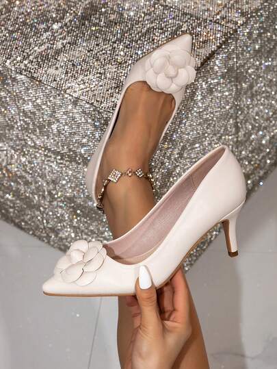 女士时尚尖头细高跟鞋，白色花朵公主鞋，白色花朵套脚高跟鞋，白色办公室高跟鞋，复古花朵礼服鞋，圣诞派对高跟鞋，白色婚礼新娘高跟鞋