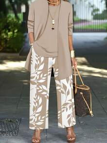 3 pièces/Set Pantalon ample imprimé à jambes larges pour femmes grandes tailles, Cardigan à manches longues et Débardeur, Convient pour la plage, les déplacements, l'automne/l'hiver - Kaki - Voir 2
