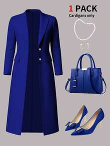 Women's Elegant Solid Color Long Sleeve Cardigan Jacket, Spring/Autumn - Blue - View 1