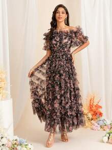 Summer Printed Floral Fluffy Cake Dress Vintage Short Sleeve One Shoulder Mesh Mullet Dress, Banquet Wear, Party Wear, Travel Wear - Multicolor - View 3